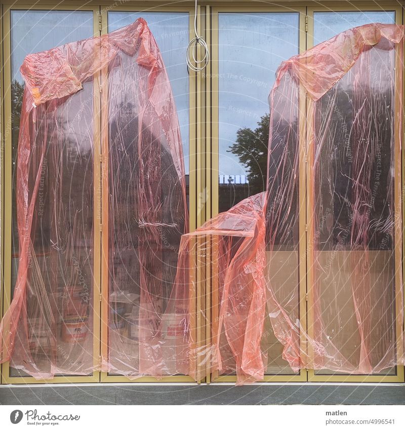 concealment Window protective film Covers (Construction) Deserted Construction site Colour photo Redecorate reflection Protection