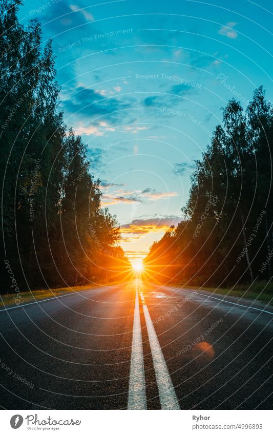 Sun Shine Above Asphalt Country Open Road In Sunny Morning Or Evening. Open Free Road In Summer Or Autumn Season At Sunny Sunset Or Sunrise Time asphalt autumn