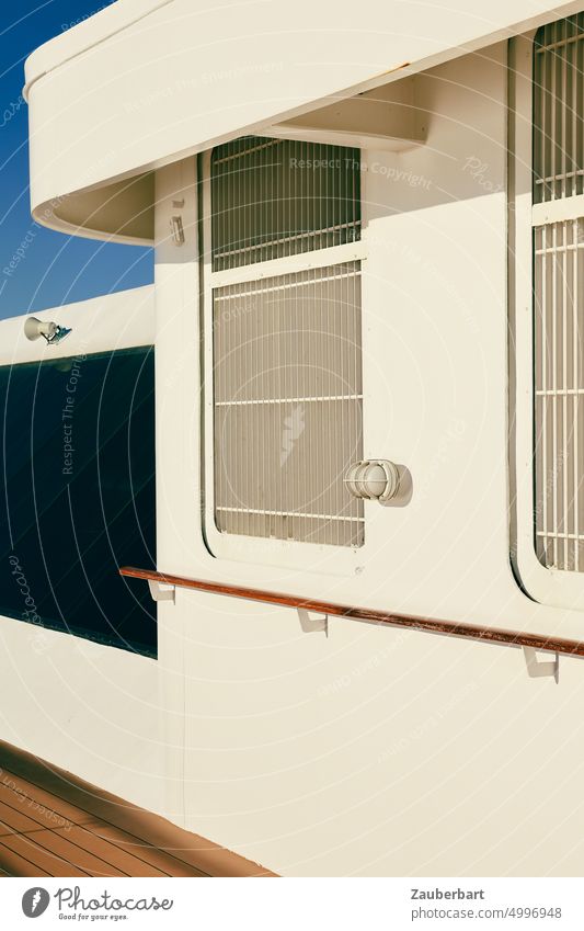 Deck superstructure in white on a ferry Ferry Cruise liner ship cabin ventilation grille deck Deck structure vacation Ocean Elegant nostalgically Navigation