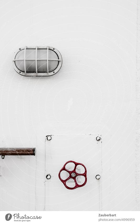 Technical outdoor light, red hand wheel on white cabin wall Wheel handwheel White Red ship Abstract Reduced Minimalistic Ship's side Superstructure Metal Steel
