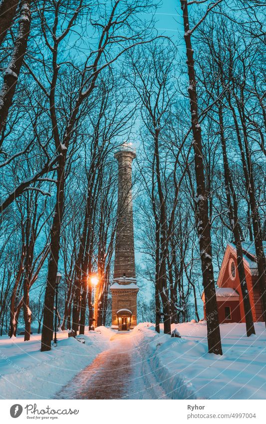 Gomel, Belarus. City Park In Winter Night. Ferris Tower In Homiel Park, Belarus. Famous Local Landmark In Snow Paskevich architecture attraction beautiful