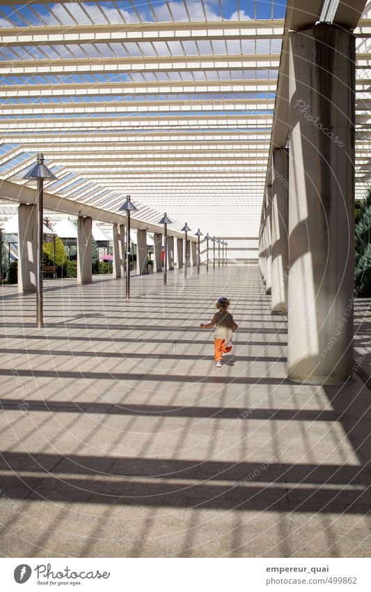 infinitely Human being Child Boy (child) 1 Sky Beautiful weather Deserted Places Airport Manmade structures Architecture Facade Garden Roof Pedestrian Running