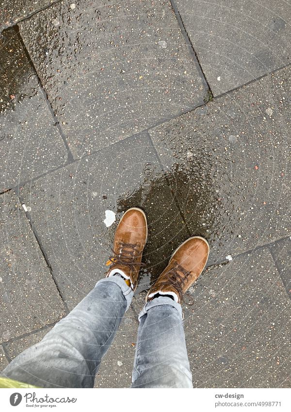 [HH unnamed road] with new boots Hamburg photocase user Footwear Rain photocaseuser meeting Wet rainy rainy weather raindrops Drops of water Autumn Gray
