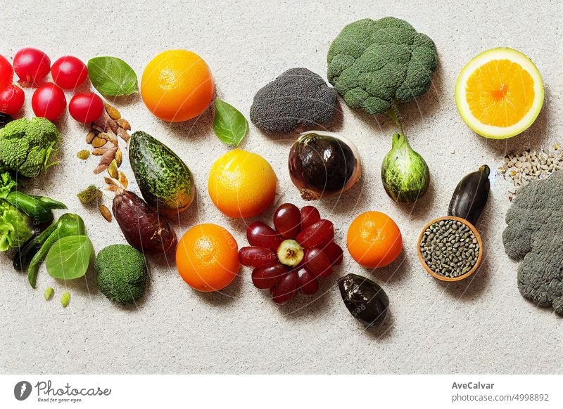 Fresh vegetables on the white cement marble table.Farming and healthy food concept. Copy space. Flat lay.Cook frame with fresh vegetables on white background top view space for text