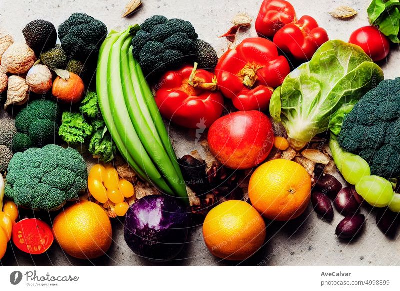 Fresh vegetables on the white cement marble table.Farming and healthy food concept. Copy space. Flat lay.Cook frame with fresh vegetables on white background top view space for text