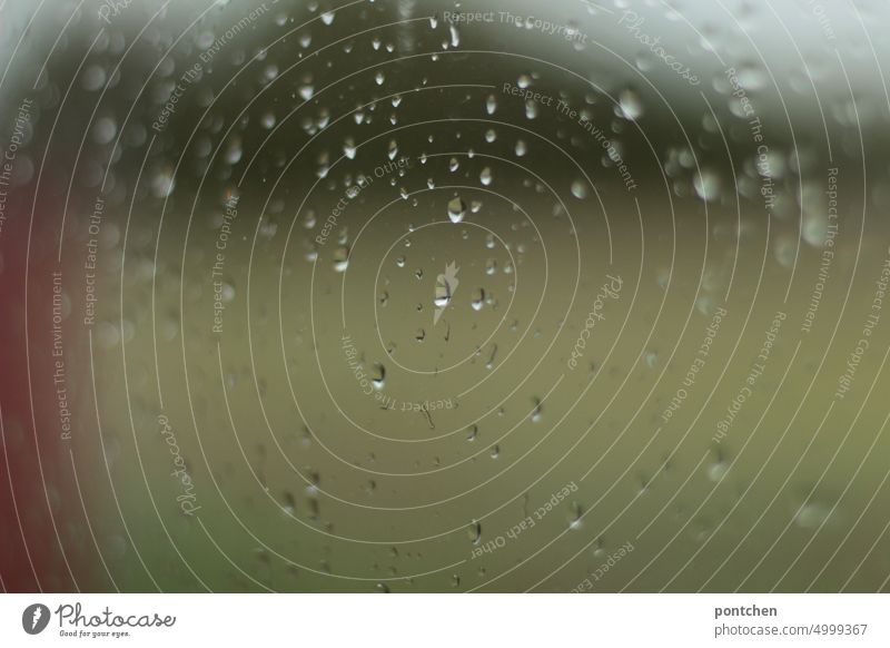 Raindrops on a window pane. View into the green. Bad weather raindrops Window pane Wet Drops of water Close-up Detail Deserted Transparent