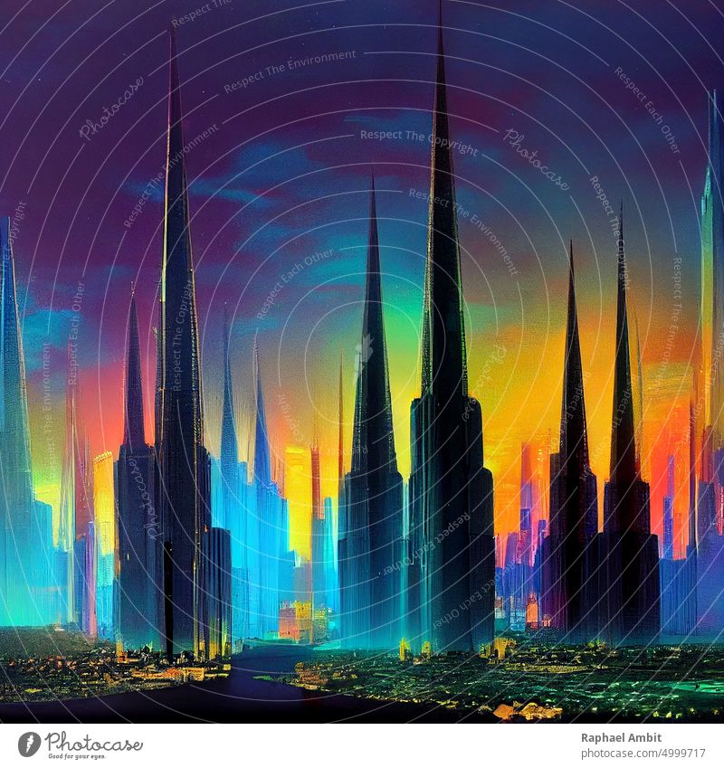 City skyline concept art with vibrant colors, pointy buildings and skyscrapers, geometric forms and vector image. Cubic design, simplistic urban landscape, Painting, concept art, illustration