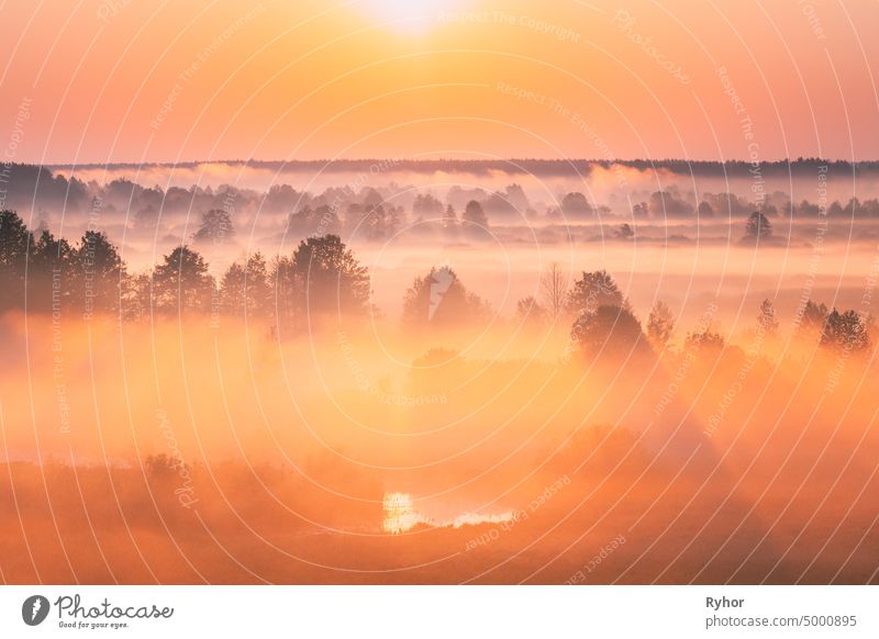 Amazing Sunrise Over Misty Landscape. Scenic View Of Foggy Morning Sky With Rising Sun Above Misty Forest And River. Early Summer Nature Of Eastern Europe. Sunset Dramatic Sunray Light Sunbeam