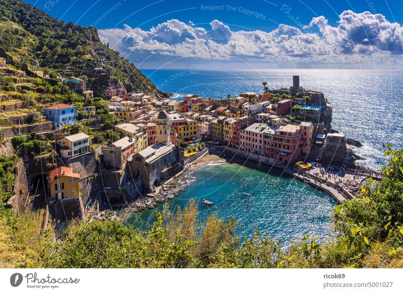 View of Vernazza on the Mediterranean coast in Italy Cinque Terre Liguria Ocean Mediterranean sea Harbour Riviera di Levante Italian Riviera Village