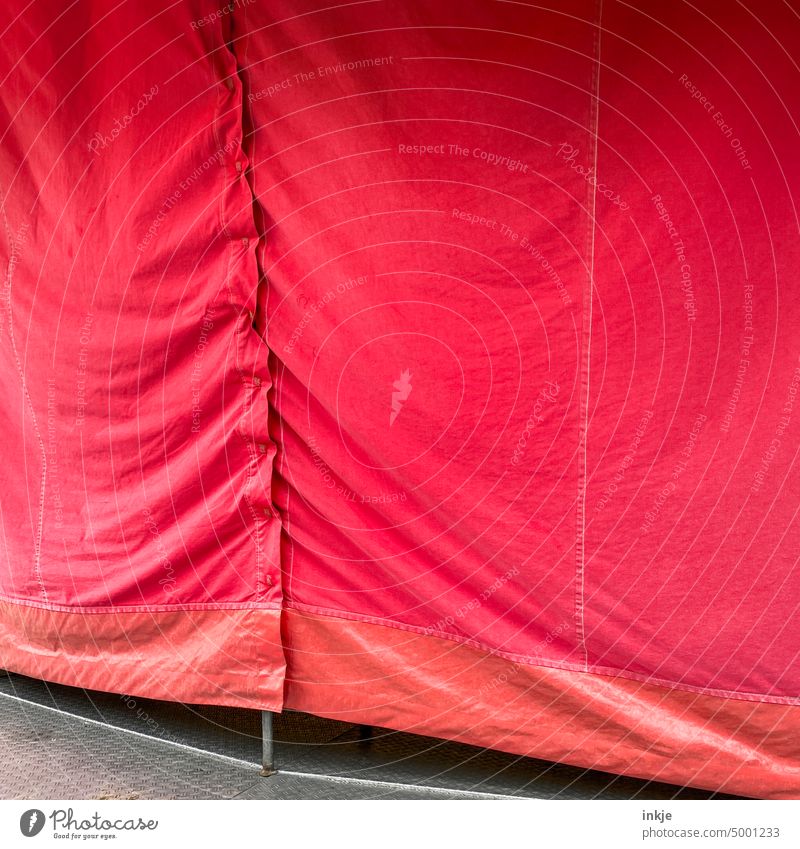 End of the performance Colour photo Exterior shot Detail Close-up structure Deserted Red tarpaulin Closed ending over outside demarcation graphic crease