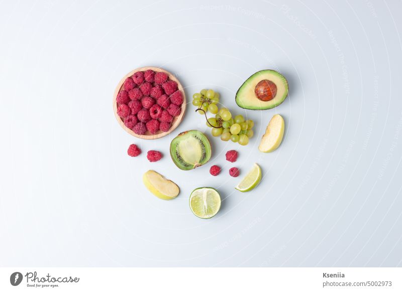 Fresh fruits and vegetables on grey background. Healthy eating concept. Flat lay, copy space. bio breakfast cooking culinary detox diet eco food fresh green