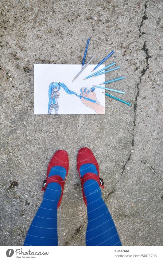 woman standing in front of drawing with colored pencils on the street Red Blue Art Painting and drawing (object) Drawing Comic Earmarked crayons Legs feet
