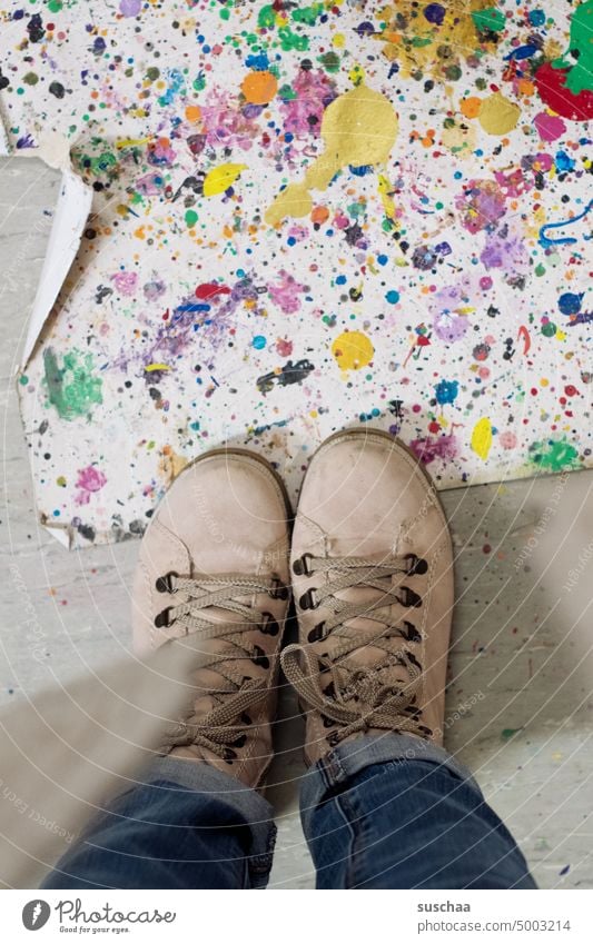 standing with your shoes on a dripping surface feet Footwear Boots Legs floor Mat Floor protection Atelier Artist studio dripped Drop paint splashes variegated