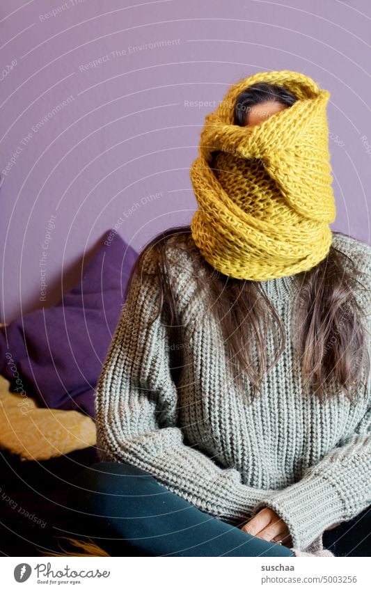 woman with thick scarf around head Winter Freeze Flat (apartment) Woman Head Scarf keep sb./sth. warm Save energy crisis Human being Faceless Woolens Cold hair