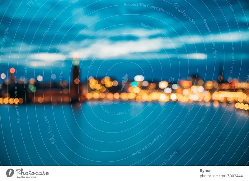 Stockholm, Sweden. Night Skyline Abstract Boke Bokeh Background. Design Backdrop. Panorama Panoramic View Stockholm City Hall abstract architecture backdrop