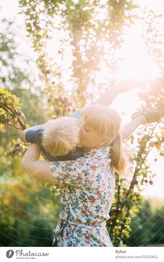 Young Woman Mother Hugging And Kissing Her Baby Son In Sunny Garden. Outdoor Summer Portrait baby beautiful blonde boy care caucasian child childhood delicate