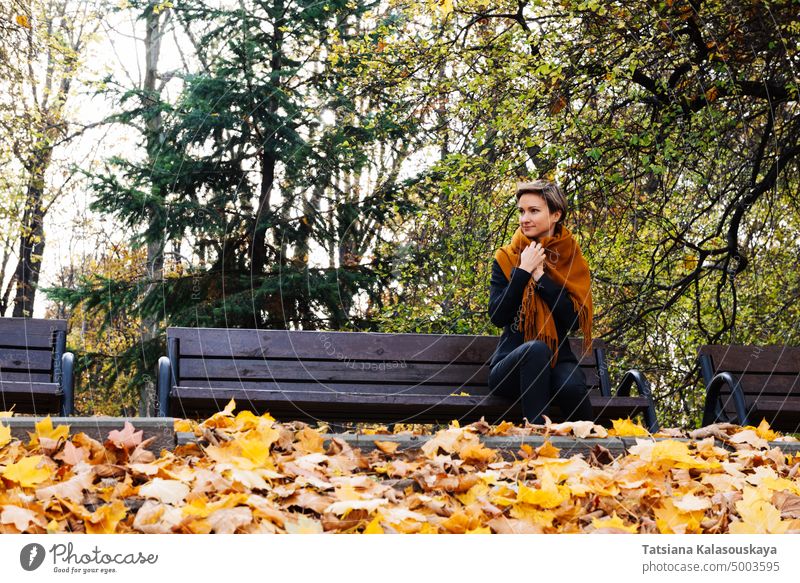A short-haired woman wraps herself in a scarf sitting on a bench in an autumn park. fall female adult Blond Contemplation Watching Beautiful real life Lifestyle