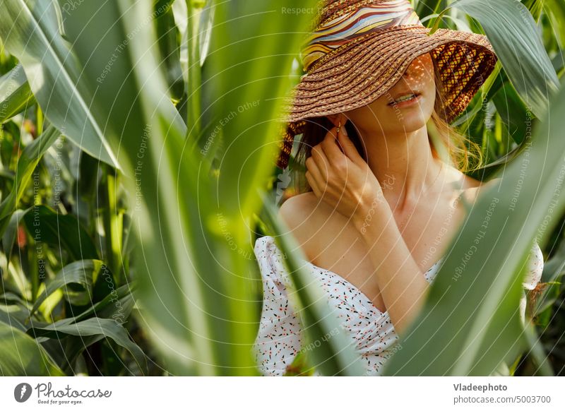 Sensual woman portrait in corn leaves. Face covered with hat, summer dress with plunging neckline sensual young green beautiful natural stylish face leaf
