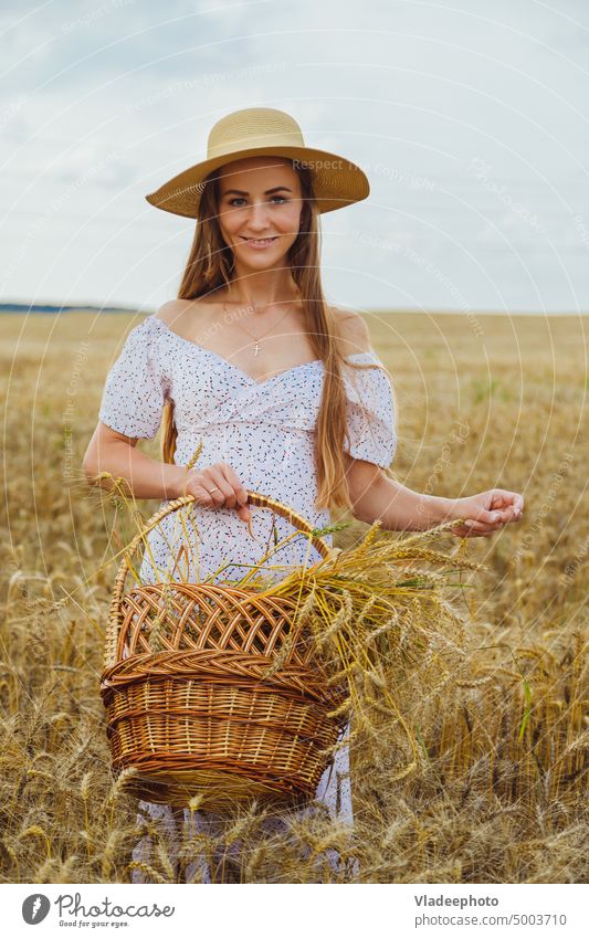 Young woman in hat at golden field holding basket with rye young sunset walking light straw meadow beautiful wheat harvest nature portrait beauty female adult