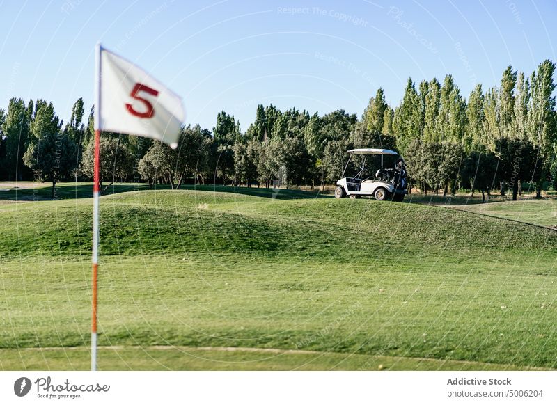Golf cart in green field against lush trees golf sport number flag nature environment ecology solitude vegetate landscape uneven terrain greenery small vehicle