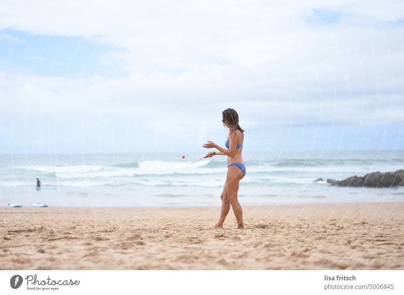 WOMAN - BEACH - PLAY Woman 30-35 years Slim Bikini Waves Beach Ocean Tourism Vacation & Travel Adults Colour photo Exterior shot Summer vacation Relaxation