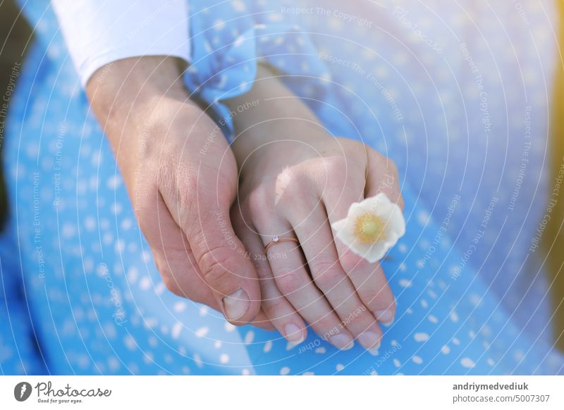 romantic date concept. young man and woman hands holding each other. girl with golden ring on finger in blue dress with chamomile flower in hand couple romance