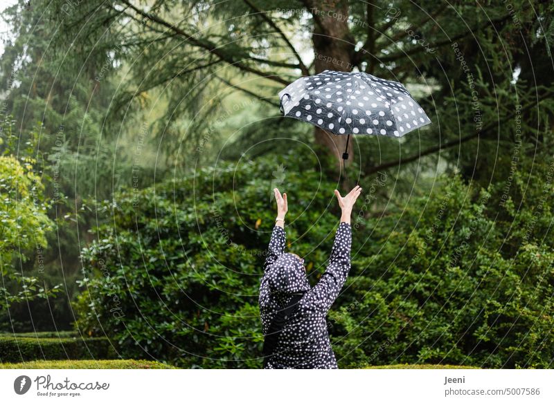 [HH Unnamed road] There is an umbrella falling from the sky Rain Umbrella Woman Catch Throw Joy Human being Flying Happy Joie de vivre (Vitality) hands Grasp