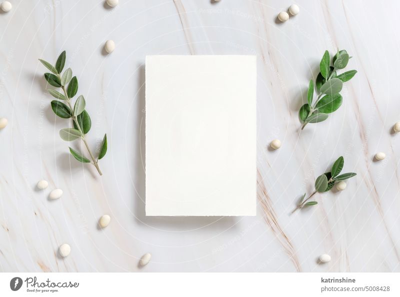 Vertical card on a marble table decorated with eucalyptus branches top view, Wedding mockup leaves green stone pearl blank invitation romantic Close to nature