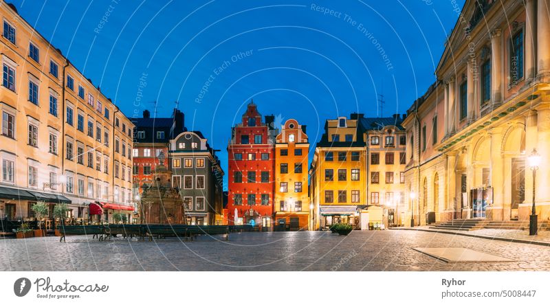 Stockholm, Sweden. Famous Old Colorful Houses, Swedish Academy and Nobel Museum In Old Square Stortorget In Gamla Stan. Famous Landmarks And Popular Place. Panorama.