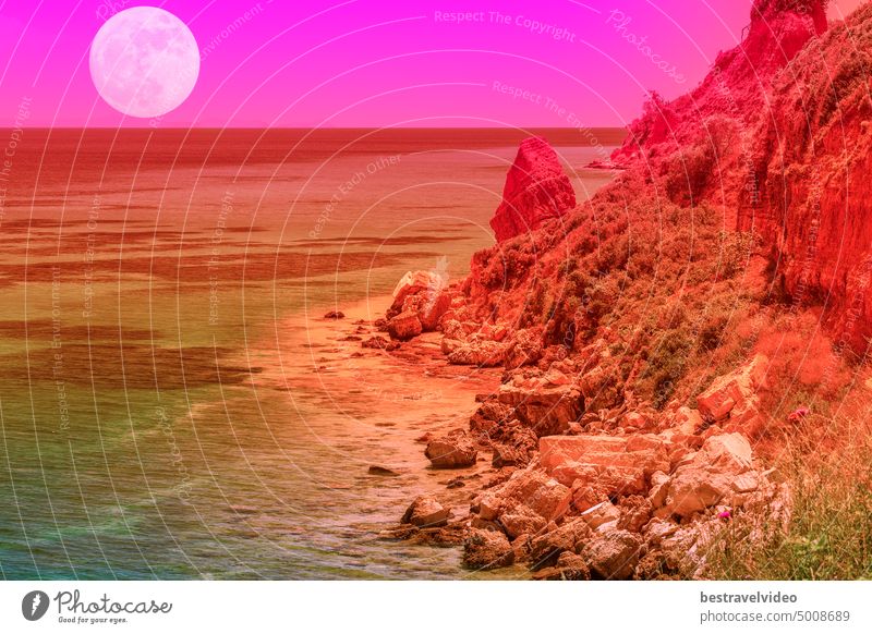 Space planet land concept with purple sky, day moon and vivid sea. Space planet concept imaginary planet land purple sky landscape day moon concept