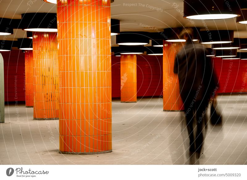go underground temporarily Orange Underpass at Messedamm Long exposure Lanes & trails Architecture Pedestrian Symmetry Tile Column motion blur Artificial light