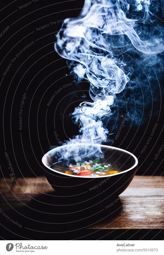 Bowl of hot steam of hot soup with smoke black ceramic bowl on dark background hot food culinary restaurant light isolated horizontal indoors liquid no people