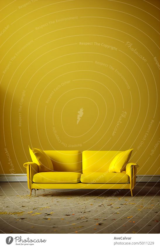 Background with copy space of a yellow sofa in front of yellow background on tall empty walls. indoor living room interior home 3d apartment carpet chair