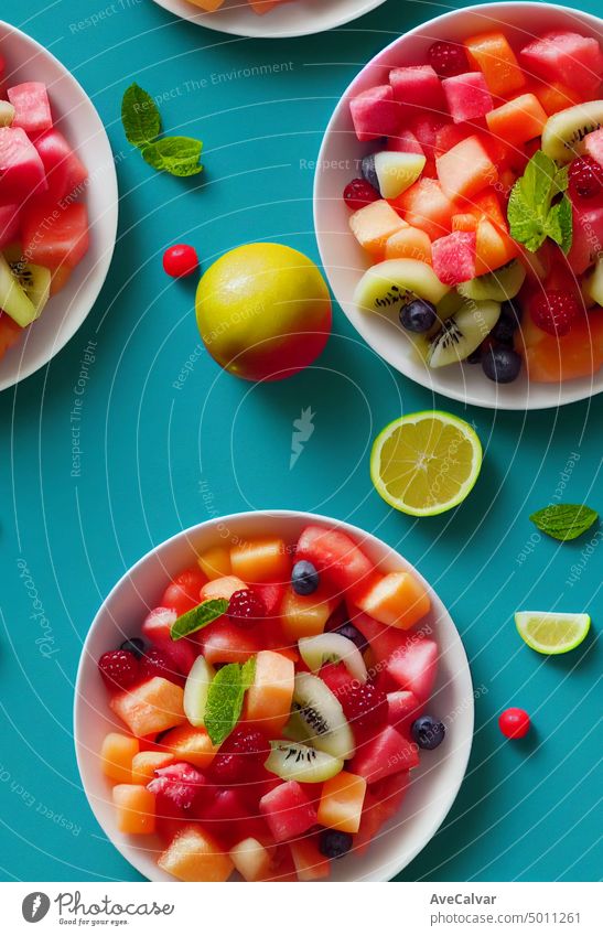 Colorful fruit salad. watermelon and melon salad. fresh summer food. close up freshness vitamin banana strawberry assorted fiber juicy kiwi colourful mixed