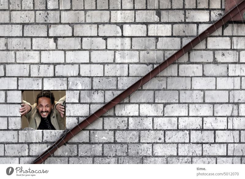 NordARTer | Mauerfux with perspective Man Facial hair Wall (barrier) iron girders Trashy Vista Laughter dirt frowzy Wall (building) Brick