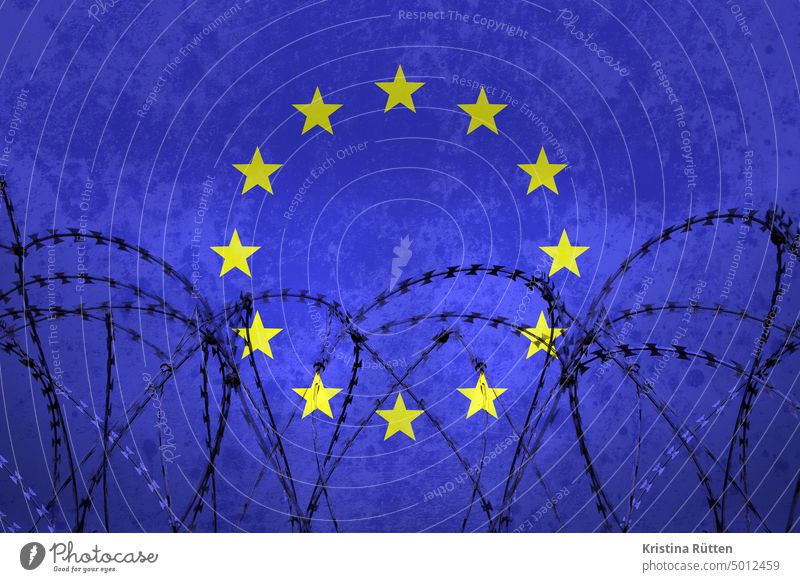 barbed wire and eu flag Europe EU Barbed wire european community European Union exclusion seal off symbol symbolic stars Exclusion foreclosure Border frontiers