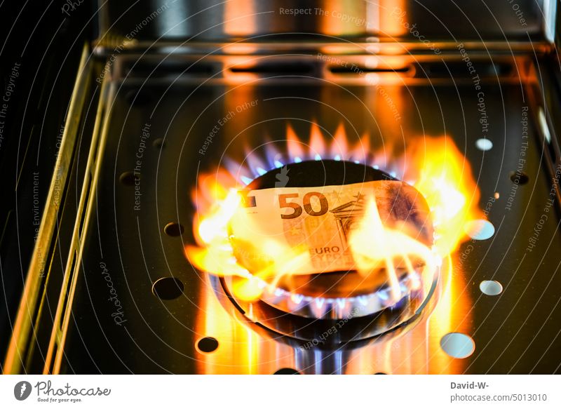 the price of gas is hot - money goes up in flames over a gas stove gas prices Gas Expensive Money incinerate sb./sth. Gas stove Energy Invoice Heat Heating