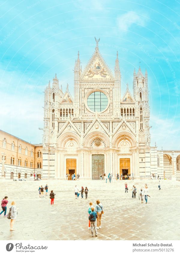 Siena Cathedral in pastel colors tuscany Tuscany Landscape Idyll vacation wide tranquillity üastell Dome Orange Turquoise Sky Duomo people