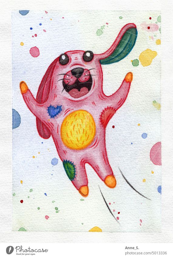 Colorful bunny Pink Hare & Rabbit & Bunny rabbit cuddly toy illustration Watercolors watercolour crayons variegated Drawing children Joy Funny Animal bunnies