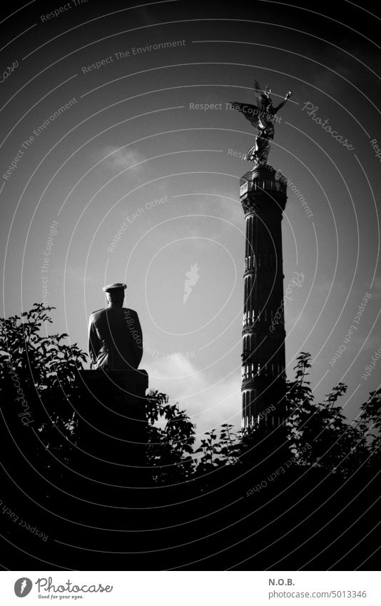 Statue looks at the Victory Column Victory column Berlin Downtown Berlin Sightseeing B/W Black & white photo black-and-white Black and white photography