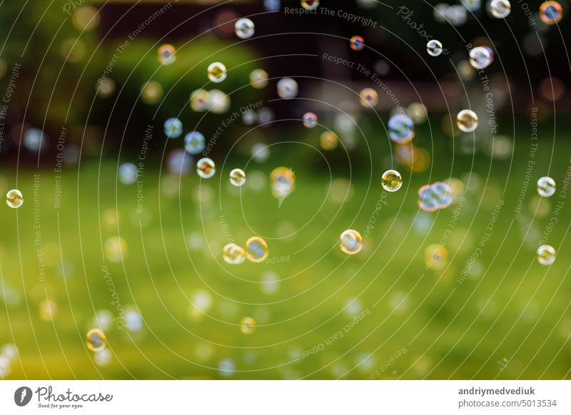 bright soap bubbles on summer natural green abstract background . many flying soap bubble in sunny day. spring or summer season. symbol of childhood, purity, ecology.