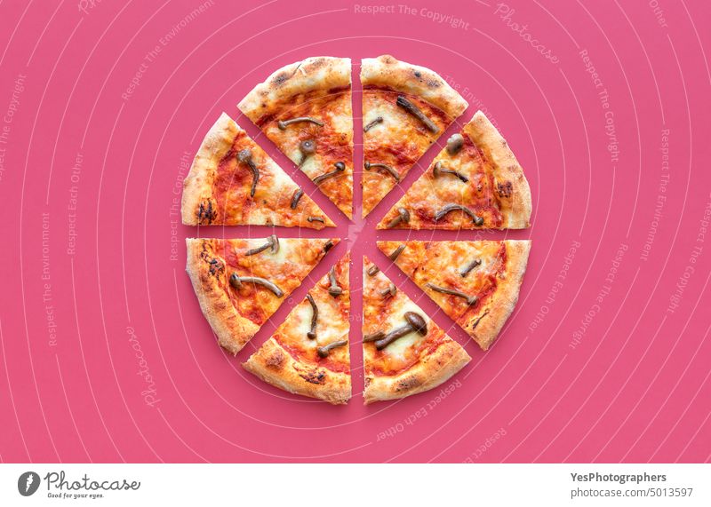 Sliced pizza top view on a magenta background. Wild mushrooms pizza above baked carbs cheese color cooked crust cuisine delicious dinner dough edible fast food