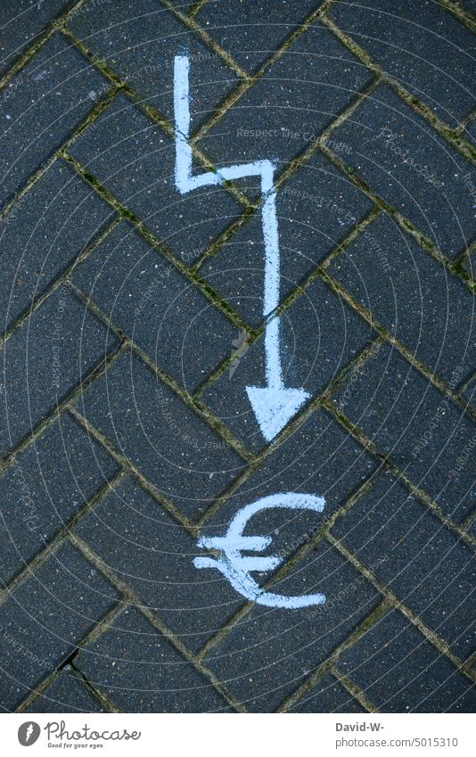 Arrow points down - money and inflation Euro Money € loss Drawing Euro symbol finance Poverty Downward bankrupt Chalk downtrend dax