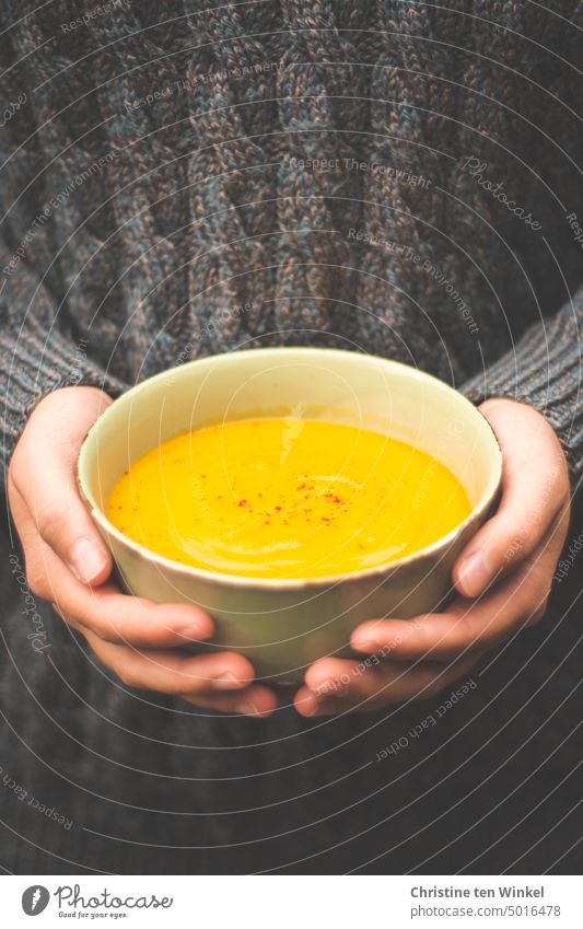 Holding a bowl of hot pumpkin soup in your hands Pumpkin soup shell Vegetarian diet Nutrition soup bowl stop To hold on Cable knit sweater Sweater vegan