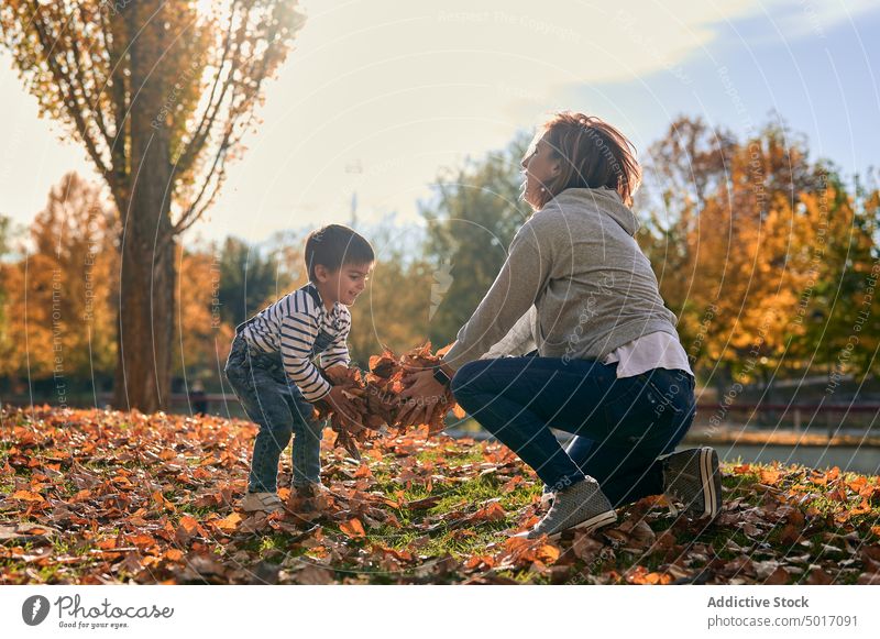 Content mother and child spending time in park autumn spend time son play together kid parent motherhood fall childhood love little family bonding mom content