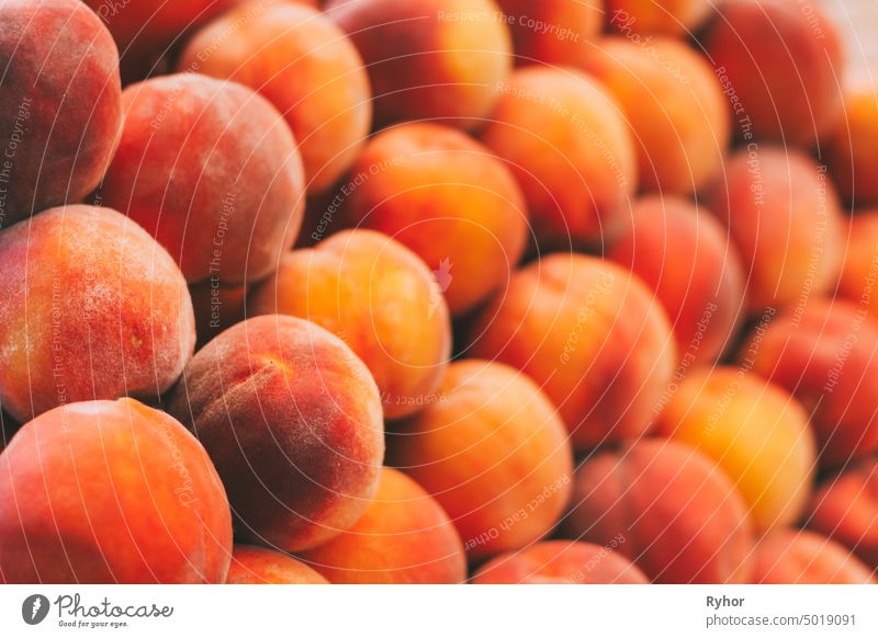 Peaches Fruits Background In The Grocery Market. Healthy And Tasty Vegetarian Food healthy eating red harvest outdoor healthy food yellow sweet diet gourmet up