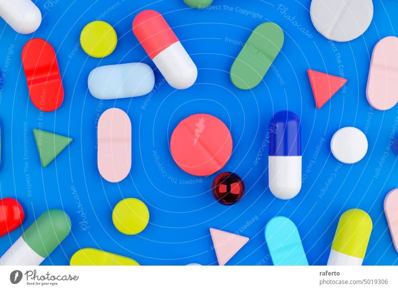 A background filled with various medical pills and health capsules. 3D render control cosmetic discover disease drug generic health care help horizontal manage