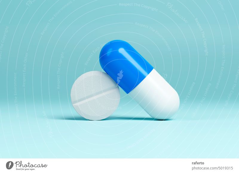 White and blue capsule on a white pills on green background. 3d render disease drug medicine tablet aid chemical health care hospital medication pain