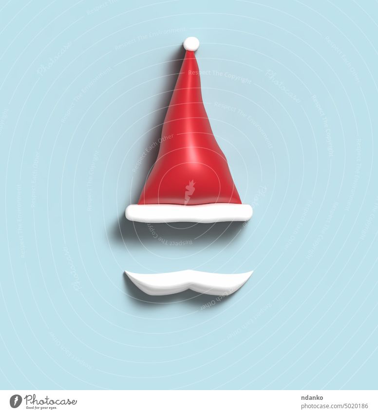 Red santa hat with white balabons and mustache on a blue background. New Year and Christmas 3D illustration holiday red celebration christmas winter