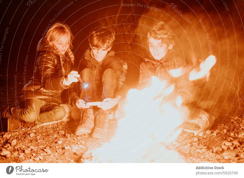 Young friends camping near fireplace with mobile phone beauty young girl group light holiday outdoor relax night sitting happy burning bonfire fun nature enjoy